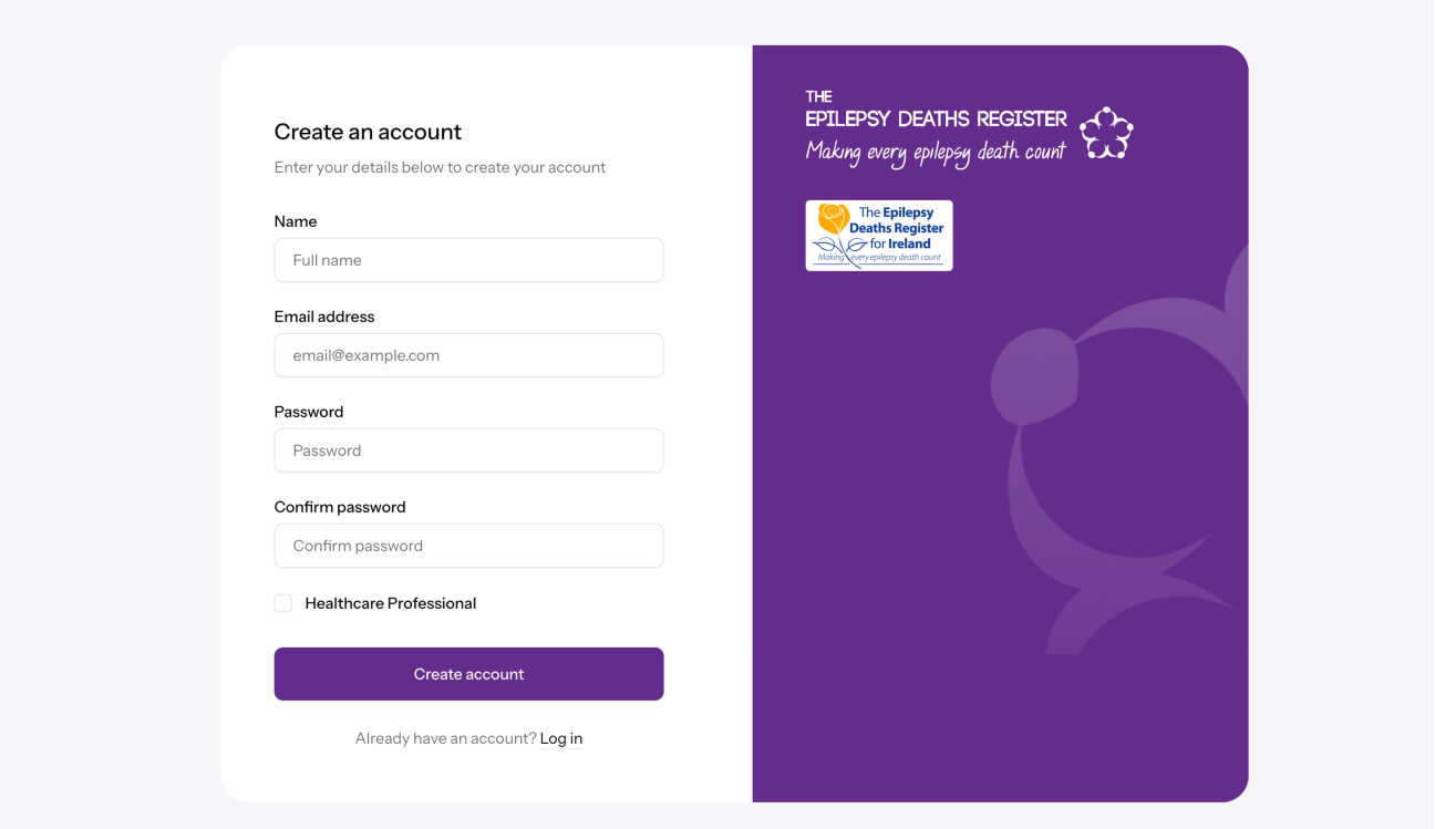 Epilepsy Deaths Register form interface, first screen