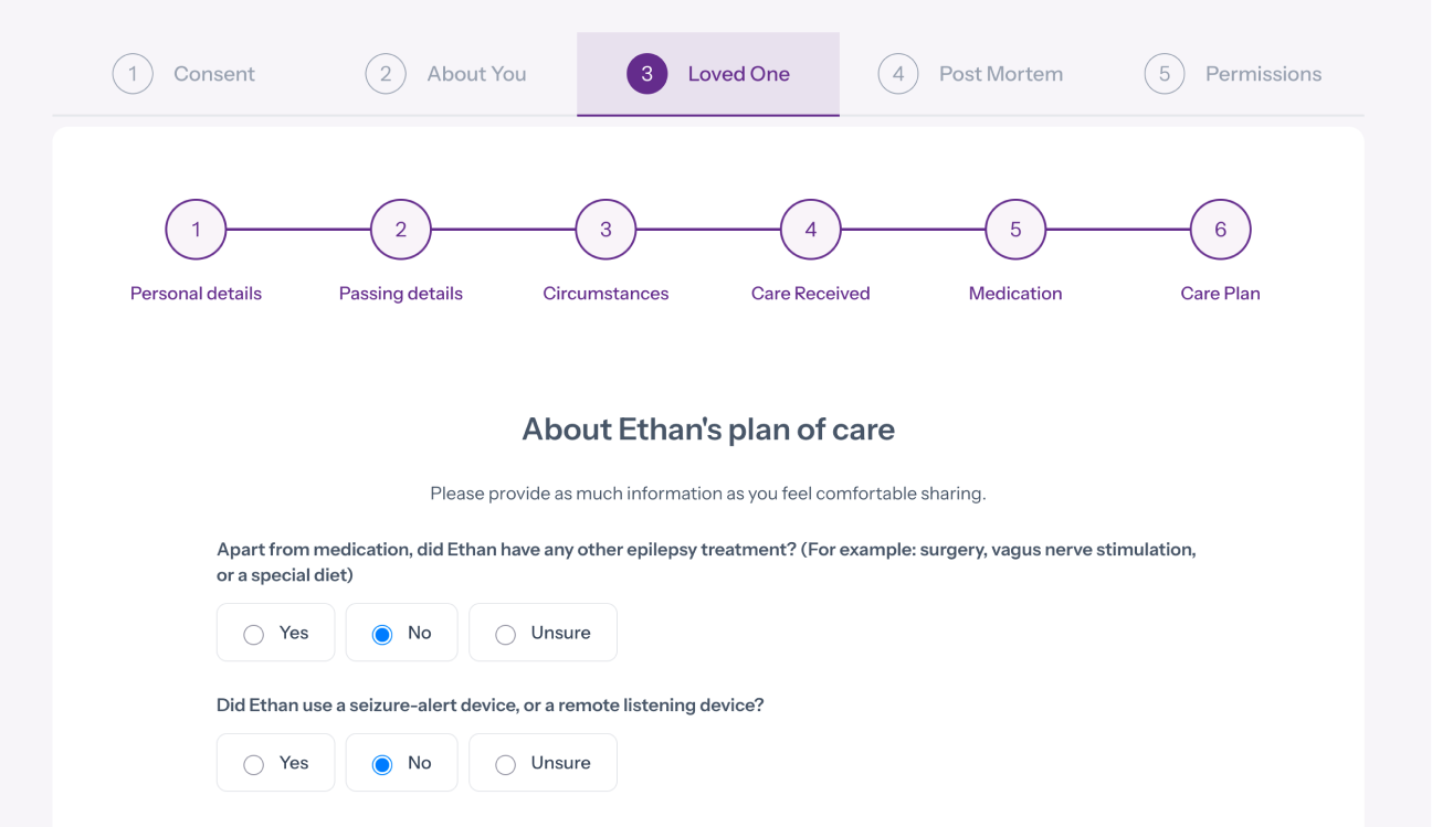 Epilepsy Deaths Register form interface, second screen