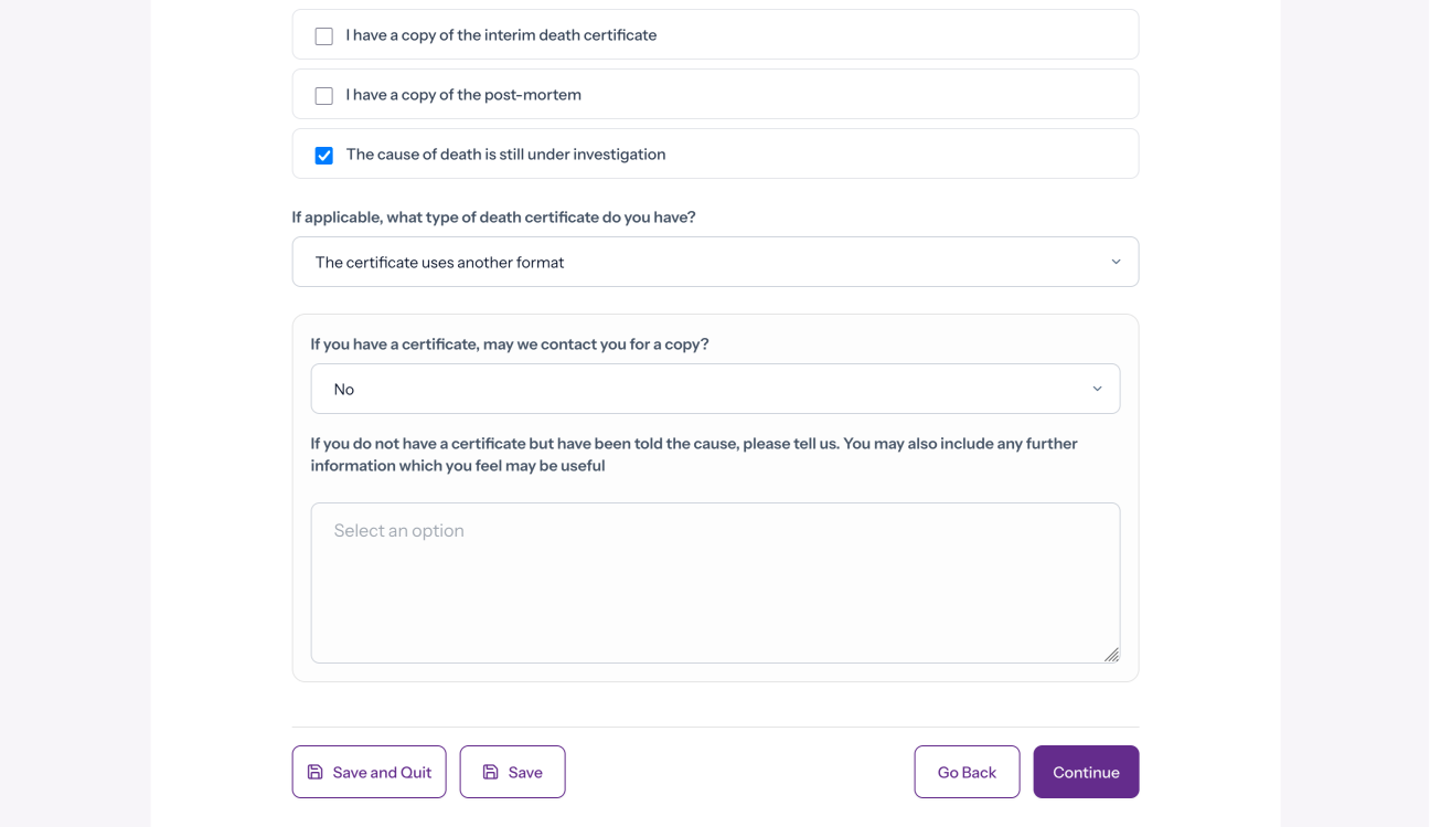 Epilepsy Deaths Register form interface, fourth screen