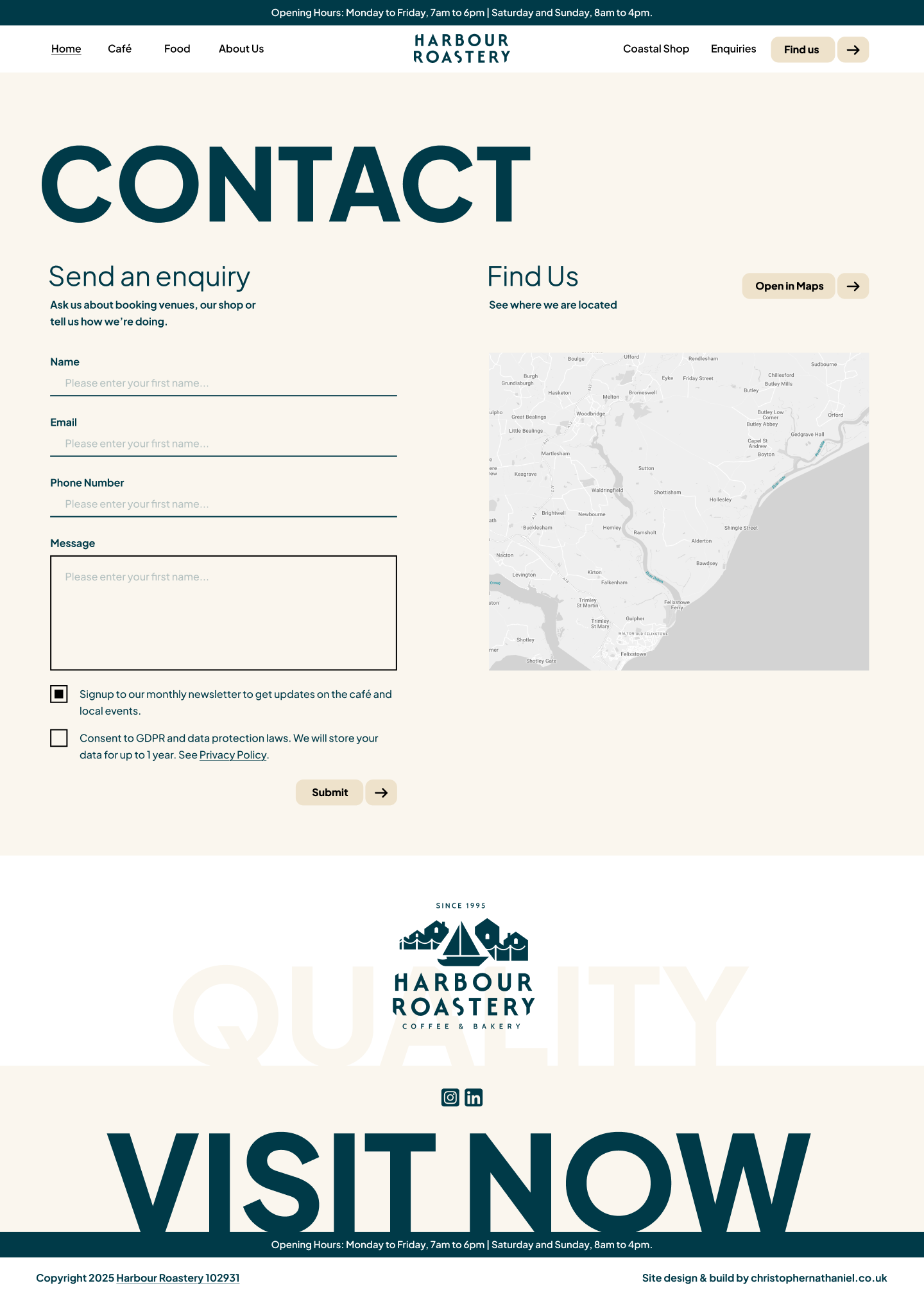 Harbour Roastery contact page design