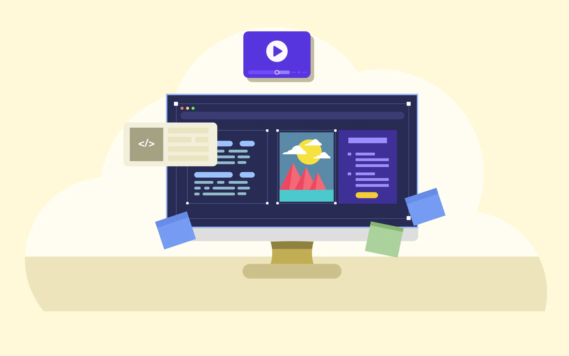 Illustration of a desktop interface with code, layout panels and media controls