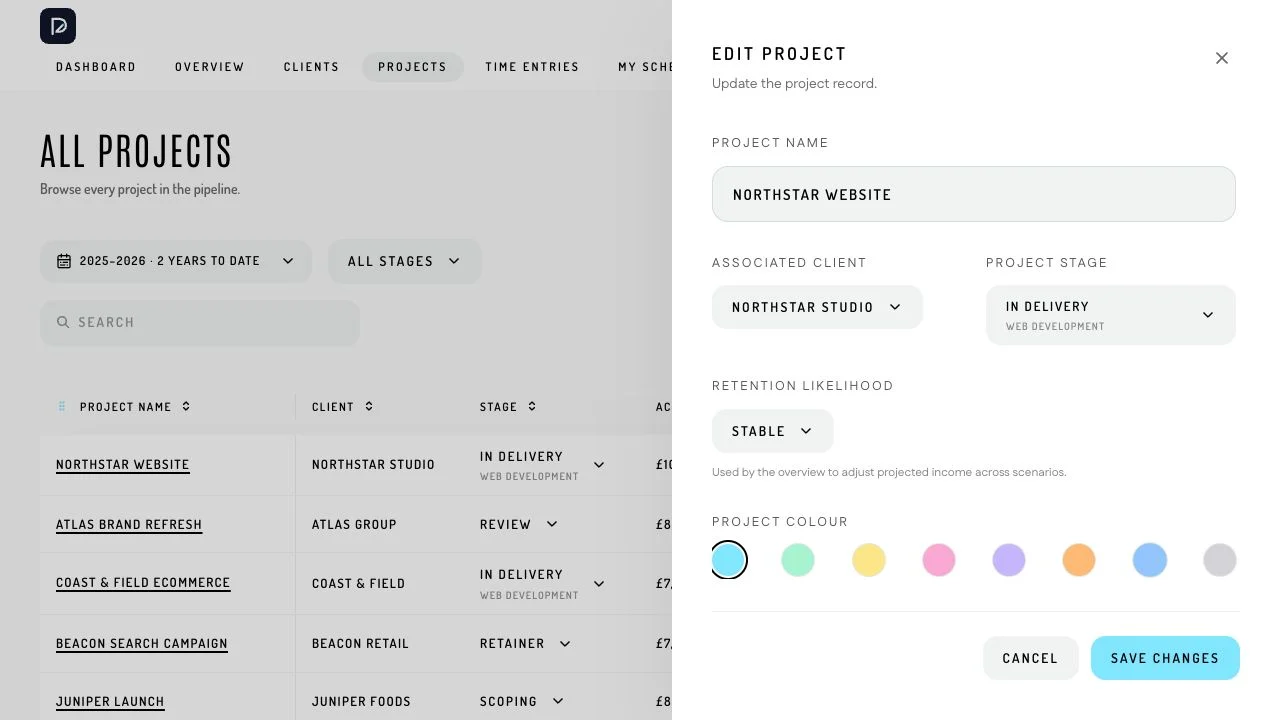 Edit project drawer with client, stage and colour controls