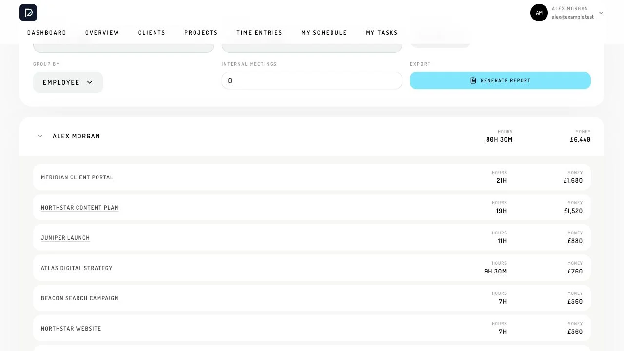 Reporting detail showing project hours and spend for an employee