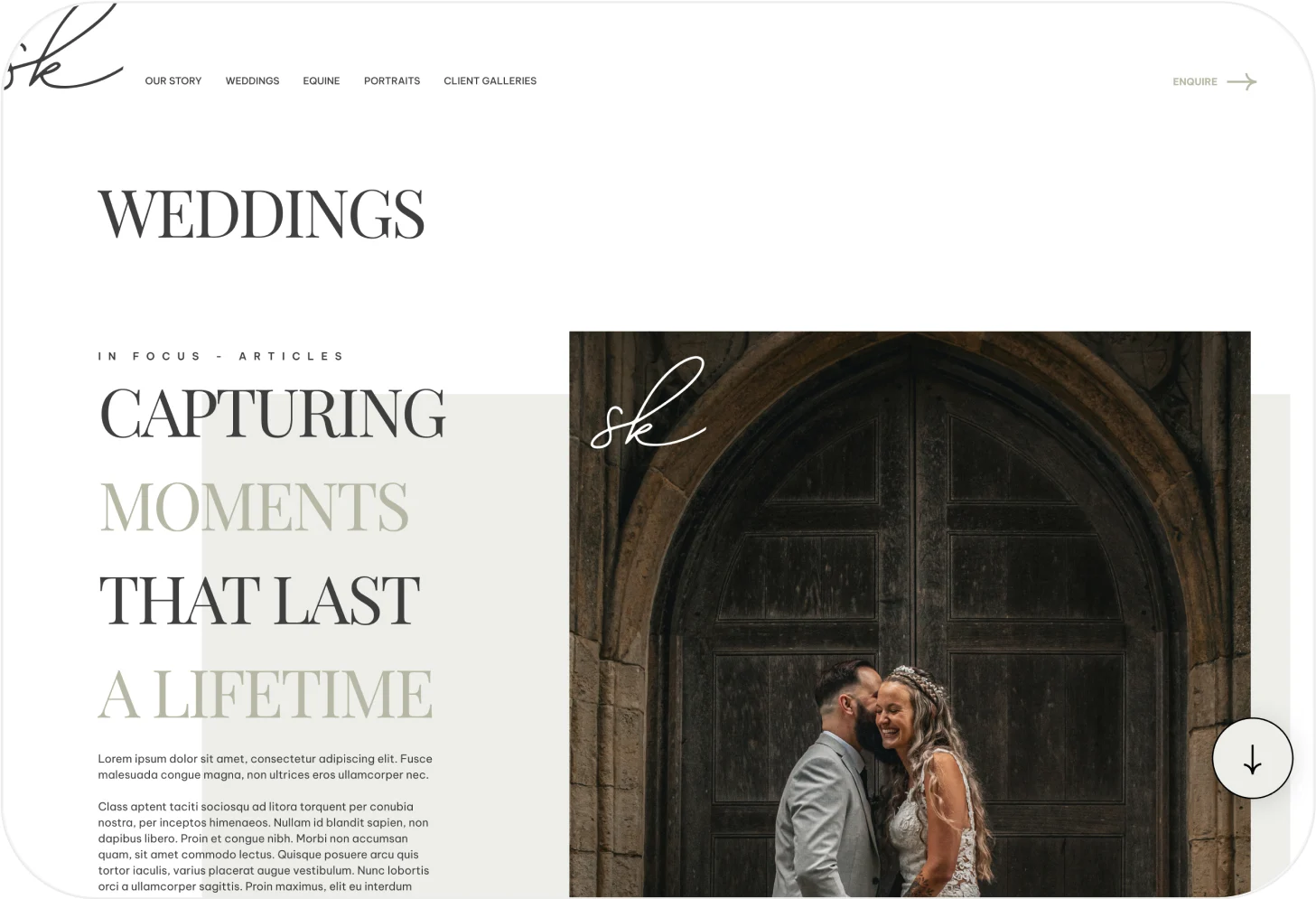 Sophie Kate Photography desktop clean layout with beautiful typography website